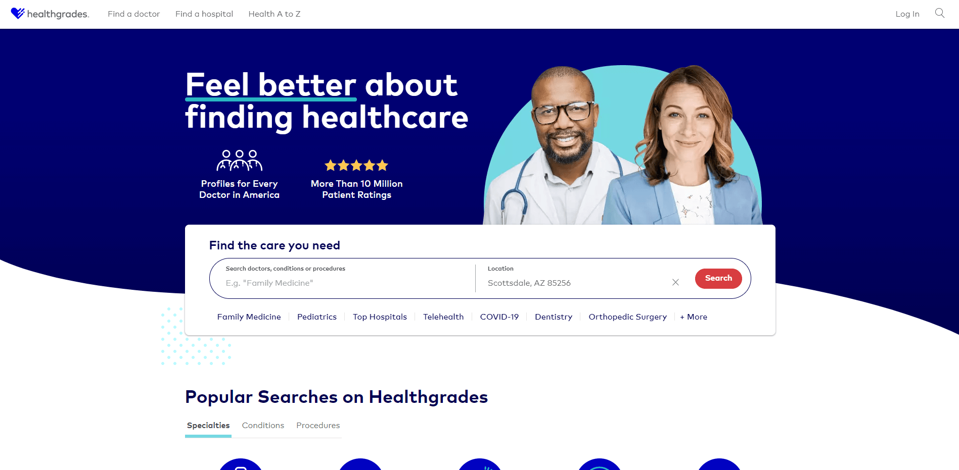 Screenshot of the Healthgrades.com home page
