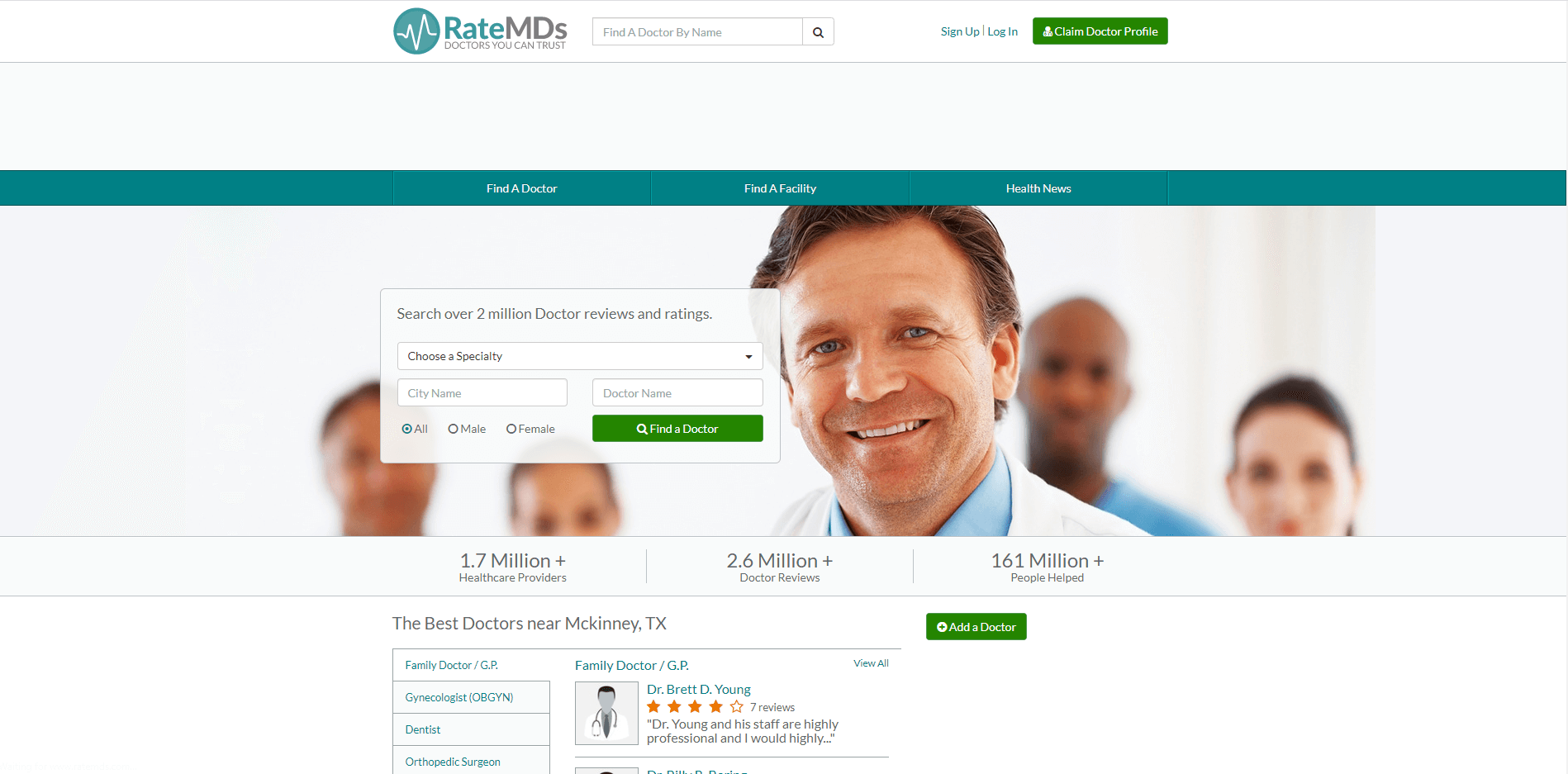 Screenshot of the RateMDs.com home page